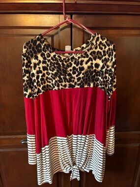 Leopard Print & Red   Long-Sleeve Tunic with Striped Hem